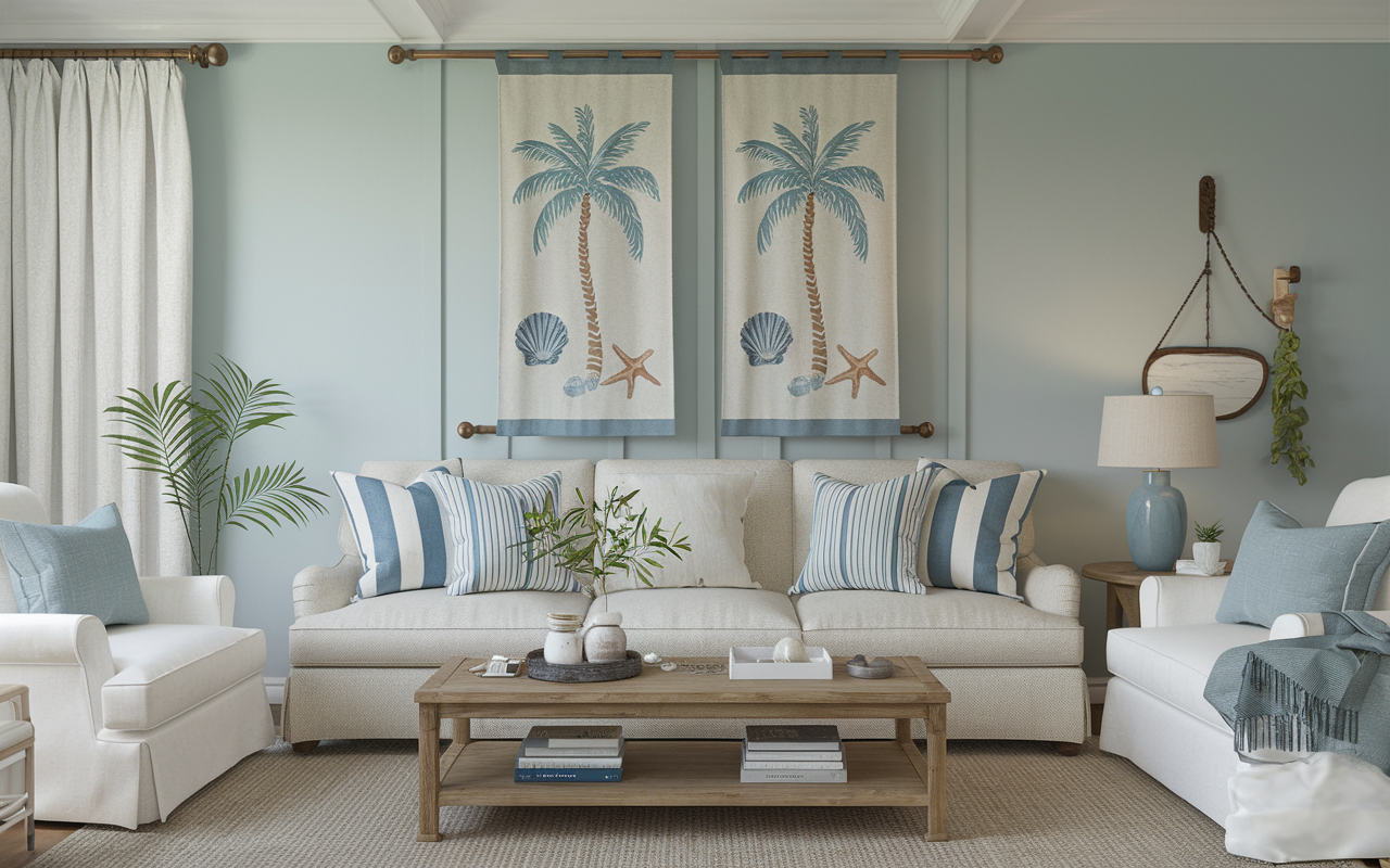 Fabric banner with beach-inspired designs, adding relaxed coastal charm and casual elegance to the room’s decor.