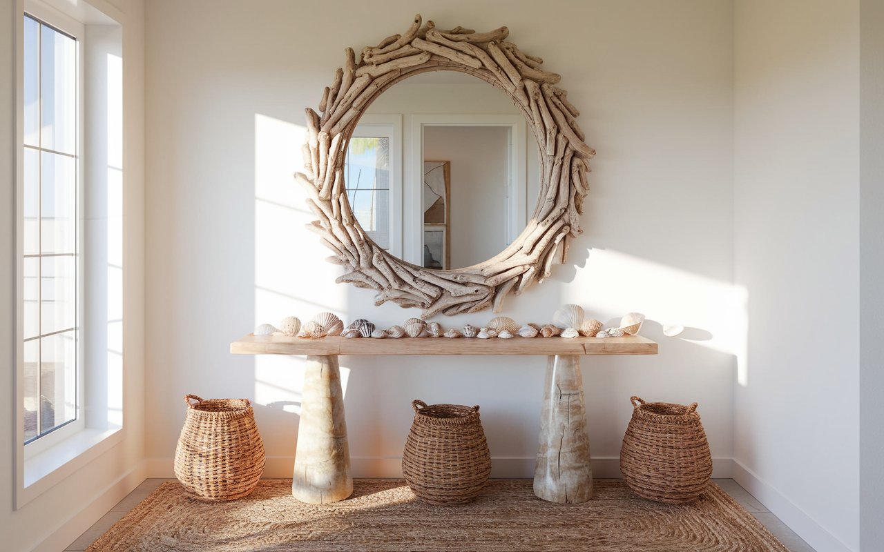 Mirror with a driftwood or maritime-inspired frame, reflecting natural light and enhancing the coastal style of the room