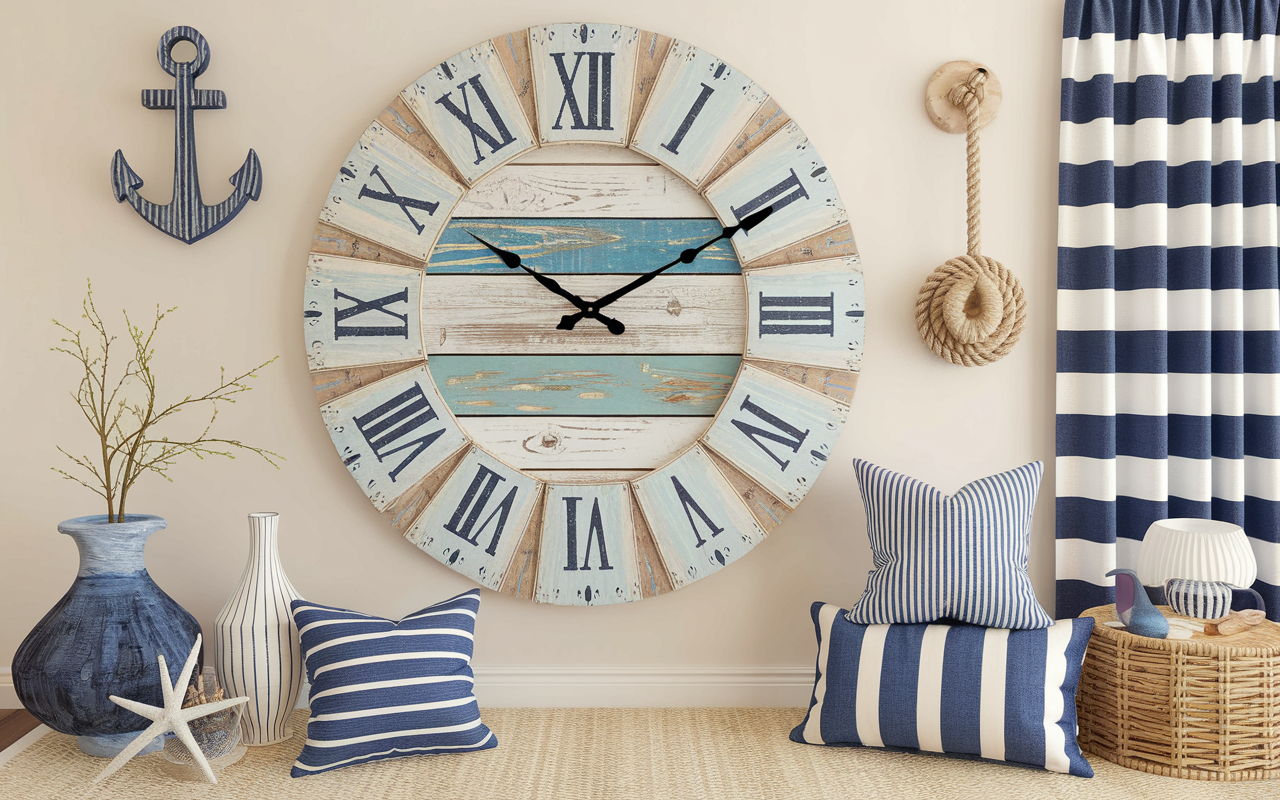 Wall clock with coastal-themed design elements like driftwood, rope, or beachy colors