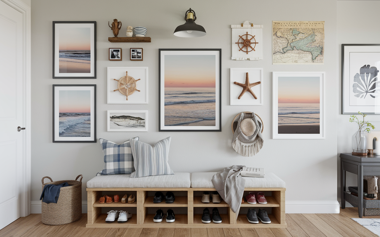 Curated gallery wall featuring a blend of coastal photographs, maritime art, and beach treasures