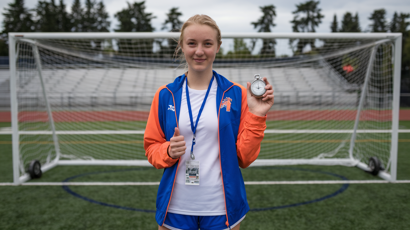 A girl dressed as an Olympic coach holds a stopwatch