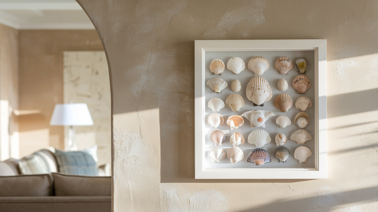 Wall art made from seashells displayed in a shadow box, adding natural coastal texture to a beach-themed living space.  