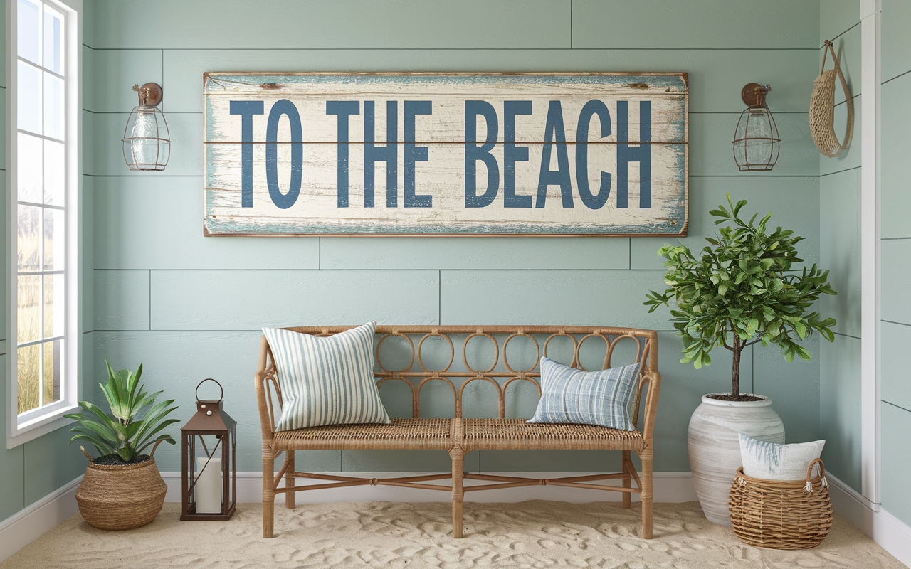 Vintage-style beach signs with weathered wood and faded paint, adding nostalgic coastal charm to a relaxed home setting.  