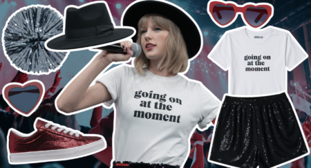 Taylor Swift in her "22" outfit with a white graphic tee, black hat, sequin shorts, and red glitter sneakers, styled with concert-themed graphics