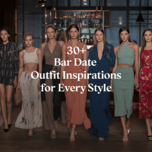 seven women dressed in trendy outfits stand in front of a bar, with a vibrant bar scene bustling behind them