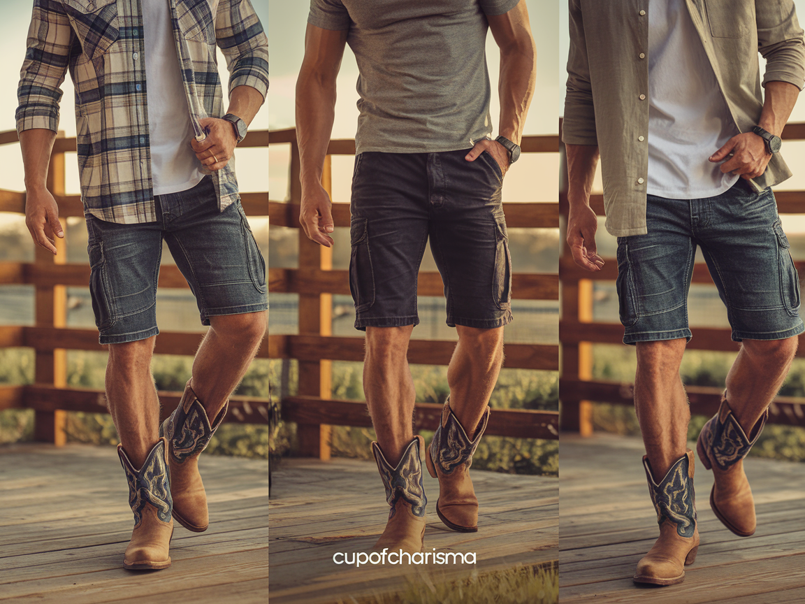 Three men showcase different styles of shirts paired with cowboy boots and shorts, highlighting trendy summer outfits