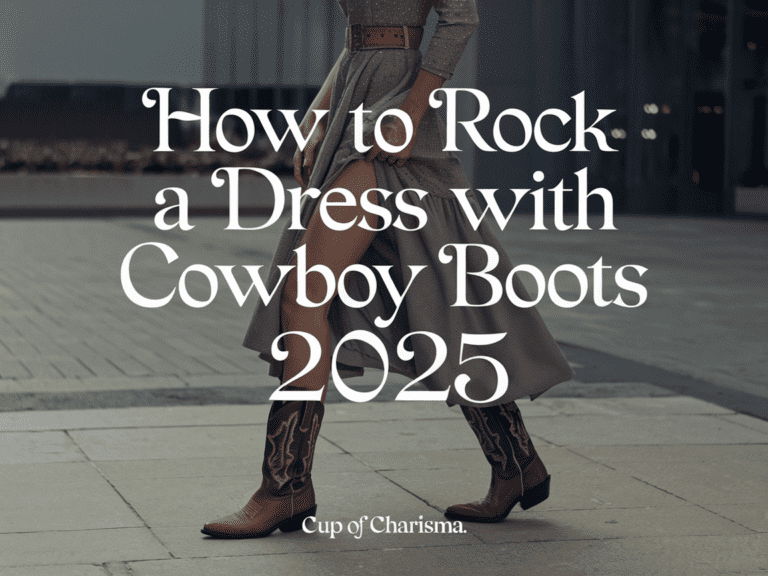 A girl in a dress and cowboy boots, with the text "How to Rock a Dress with Cowboy Boots 2025" overlaying the image