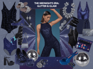 Moodboard showcasing Taylor Swift's Midnights Era outfits, featuring glittery dresses, accessories, and a girl at the center