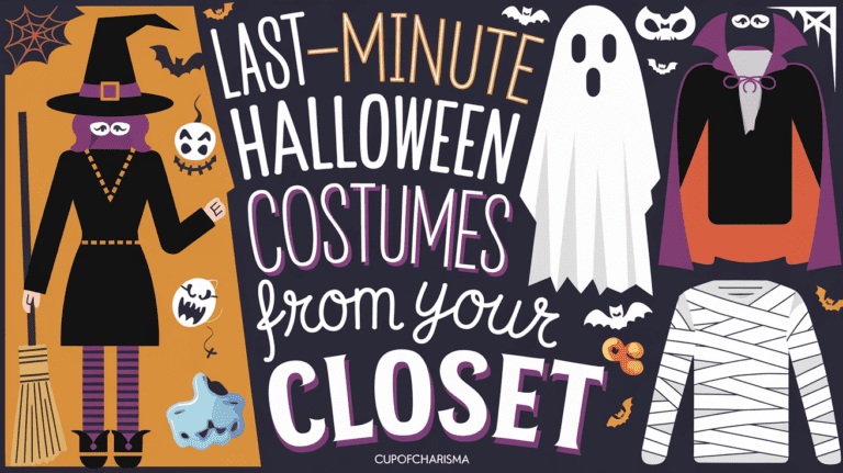 Cartoon illustration showcasing creative last-minute Halloween costumes made from everyday closet items
