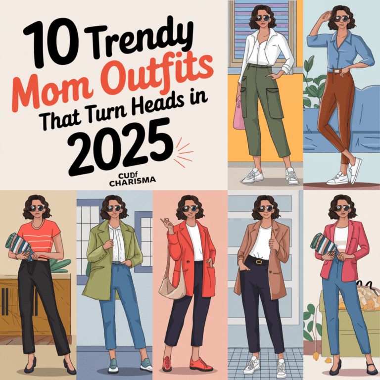 Collage of trendy mom outfits for 2025, featuring stylish clothing and the text "10 Trendy Mom Outfits That Turn Heads
