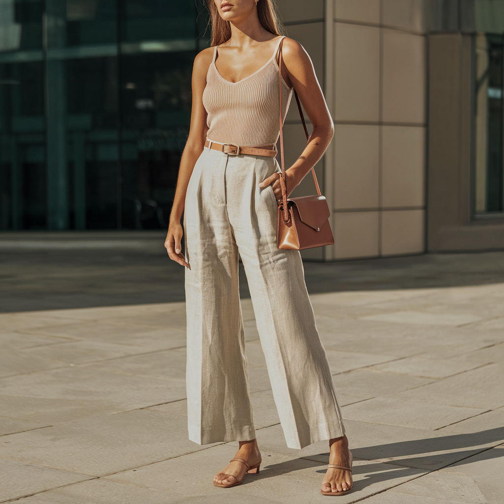A woman styles wide-leg pants with a fitted tank top and sandals, her face not visible, showcasing a chic summer outfit