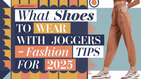 A woman in joggers and shoes, with half her body visible, alongside text: "What Shoes to Wear With Joggers – Fashion Tips for 2025