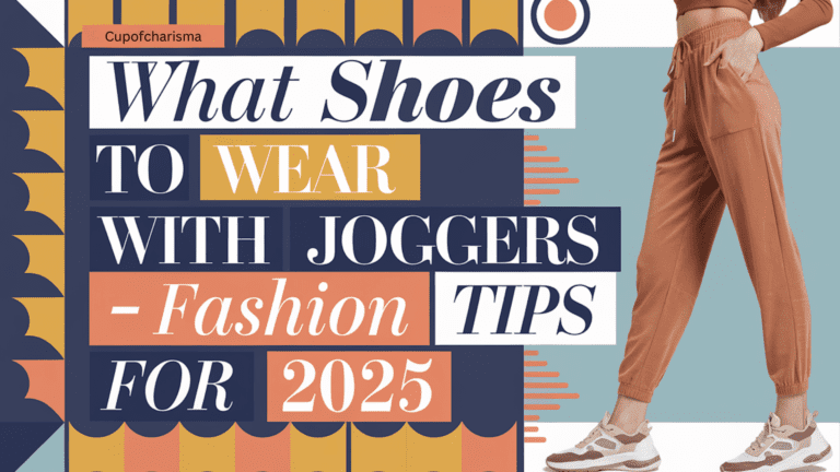 A woman in joggers and shoes, with half her body visible, alongside text: "What Shoes to Wear With Joggers – Fashion Tips for 2025
