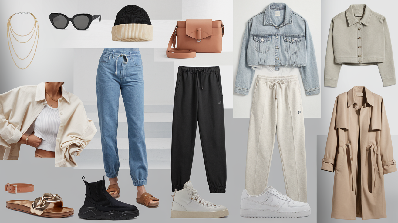 A visual collage of outfits and accessories designed to complement jogger outfits, featuring hats, bags, and layered jewelry