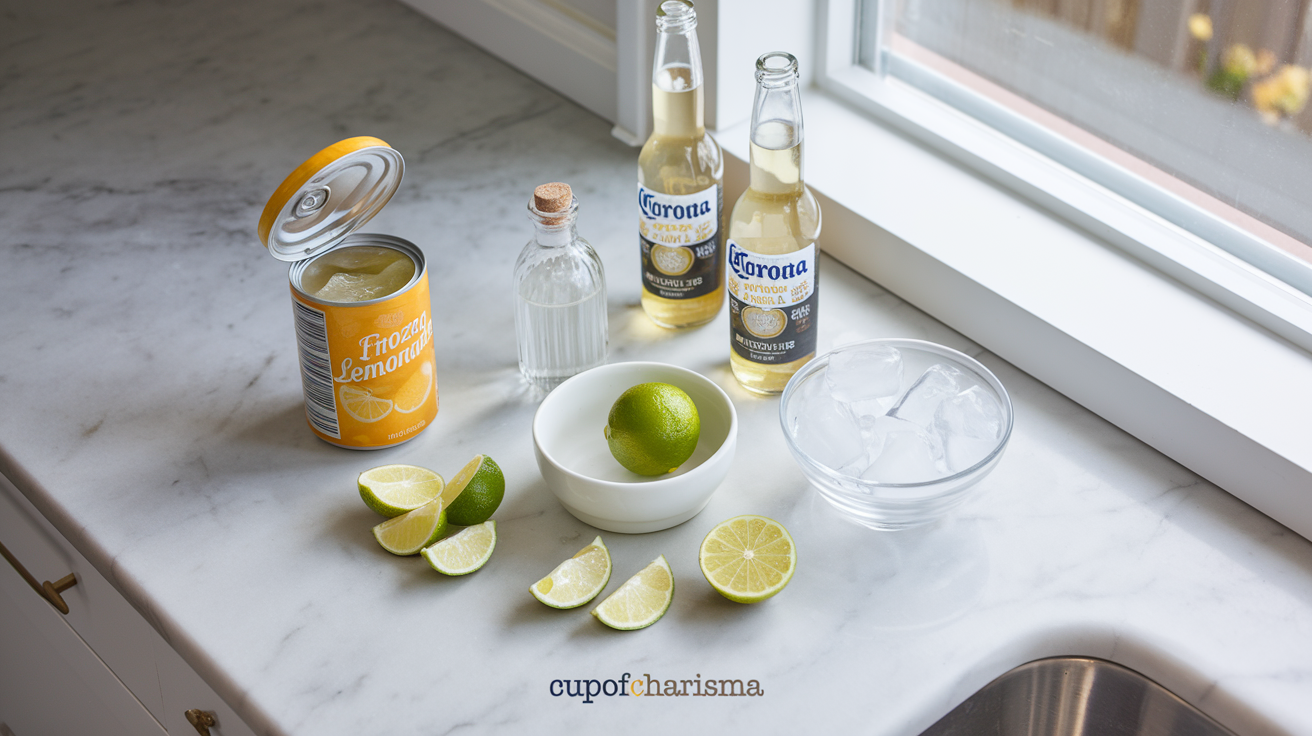 A kitchen counter with a bowl, and a bottle of beer, showcasing ingredients for a refreshing summer cocktail