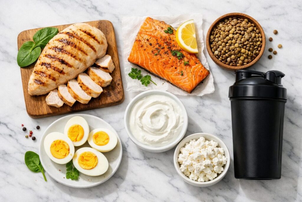 A flat-lay of high-protein foods including chicken, salmon, eggs, Greek yogurt, and lentils representing a 200 grams of protein daily meal plan