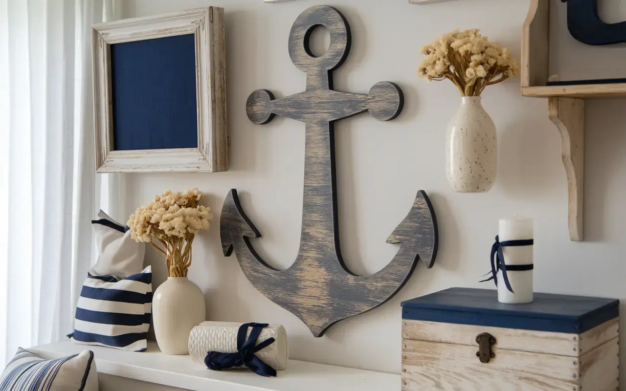 Decorative anchor displayed on a coastal-themed wall, adding nautical charm and maritime character to the room