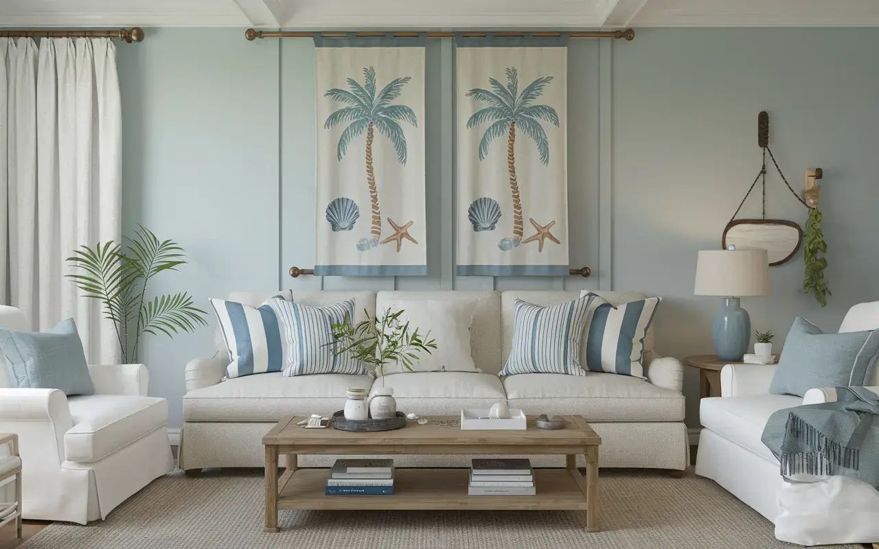 Fabric banner with beach-inspired designs, adding relaxed coastal charm and casual elegance to the room&rsquo;s decor.