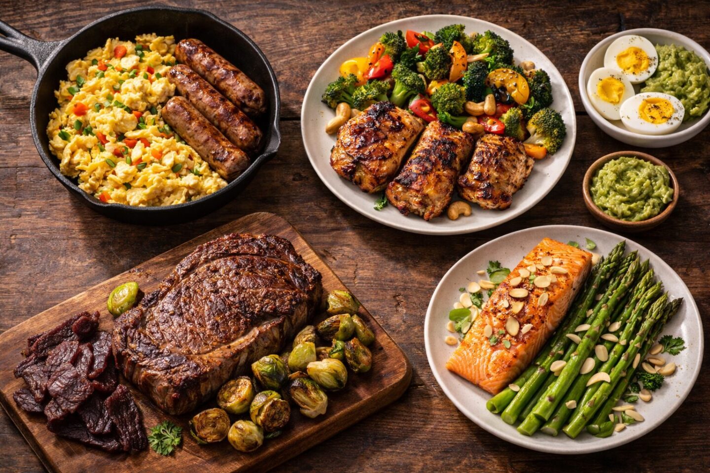 Paleo high-protein meal plan spread featuring egg scramble with turkey sausage, grilled chicken with roasted vegetables, grass-fed steak, salmon with asparagus, and paleo snacks delivering 185 to 195 grams of protein a day