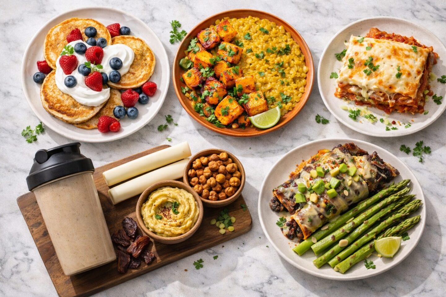 Vegetarian protein snack board with protein shake, string cheese, roasted chickpeas, hummus, and mixed nuts adding 35 to 40 grams of protein toward a 200 grams of protein daily target