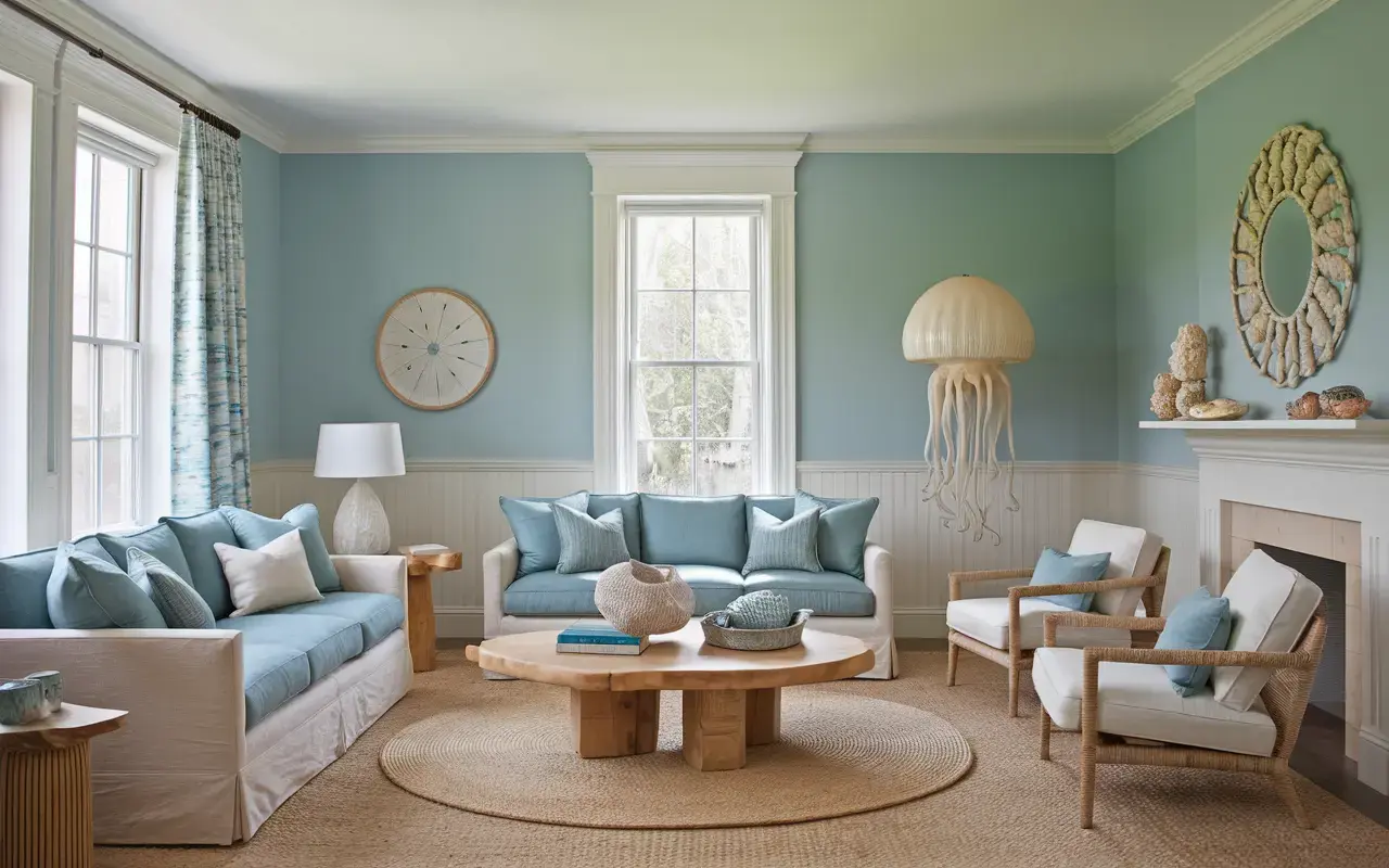 Interior wall design using a coastal color palette of soft blues, sandy beiges, and clean whites, inspired by the ocean and beach landscape