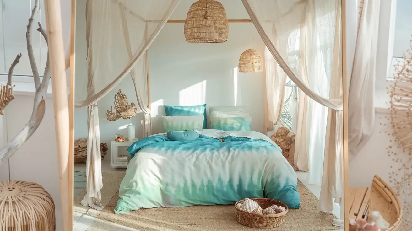 DIY dip-dyed bedding in sea blues and greens on a coastal-style bed with natural light, driftwood, and airy decor