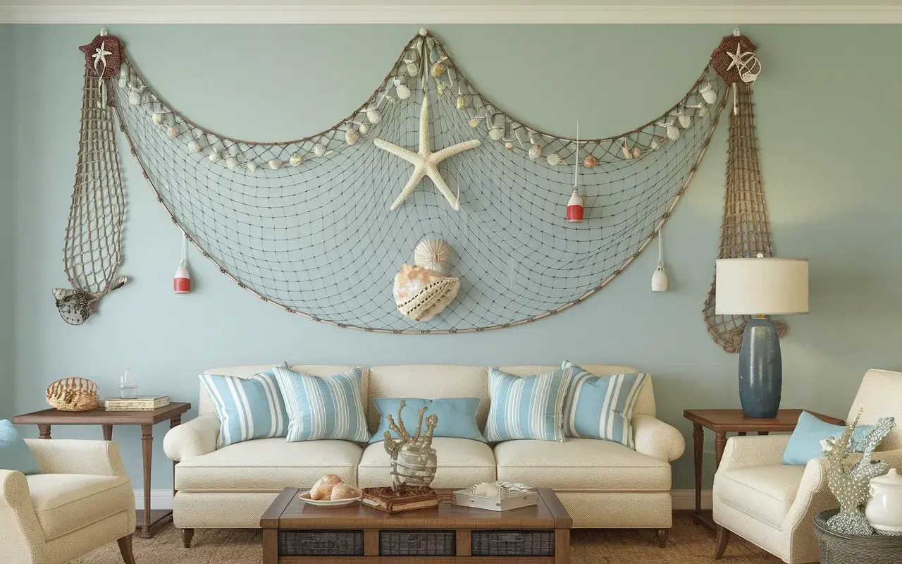 Decorative fishnet wall hanging with seashells and starfish, adding rustic coastal texture and authentic seaside style to the space