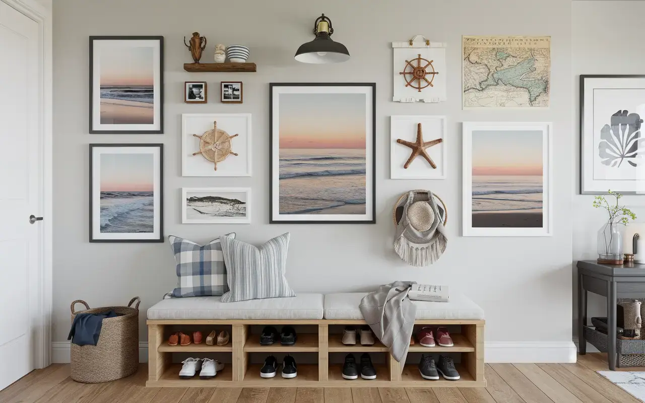 Curated gallery wall featuring a blend of coastal photographs, maritime art, and beach treasures