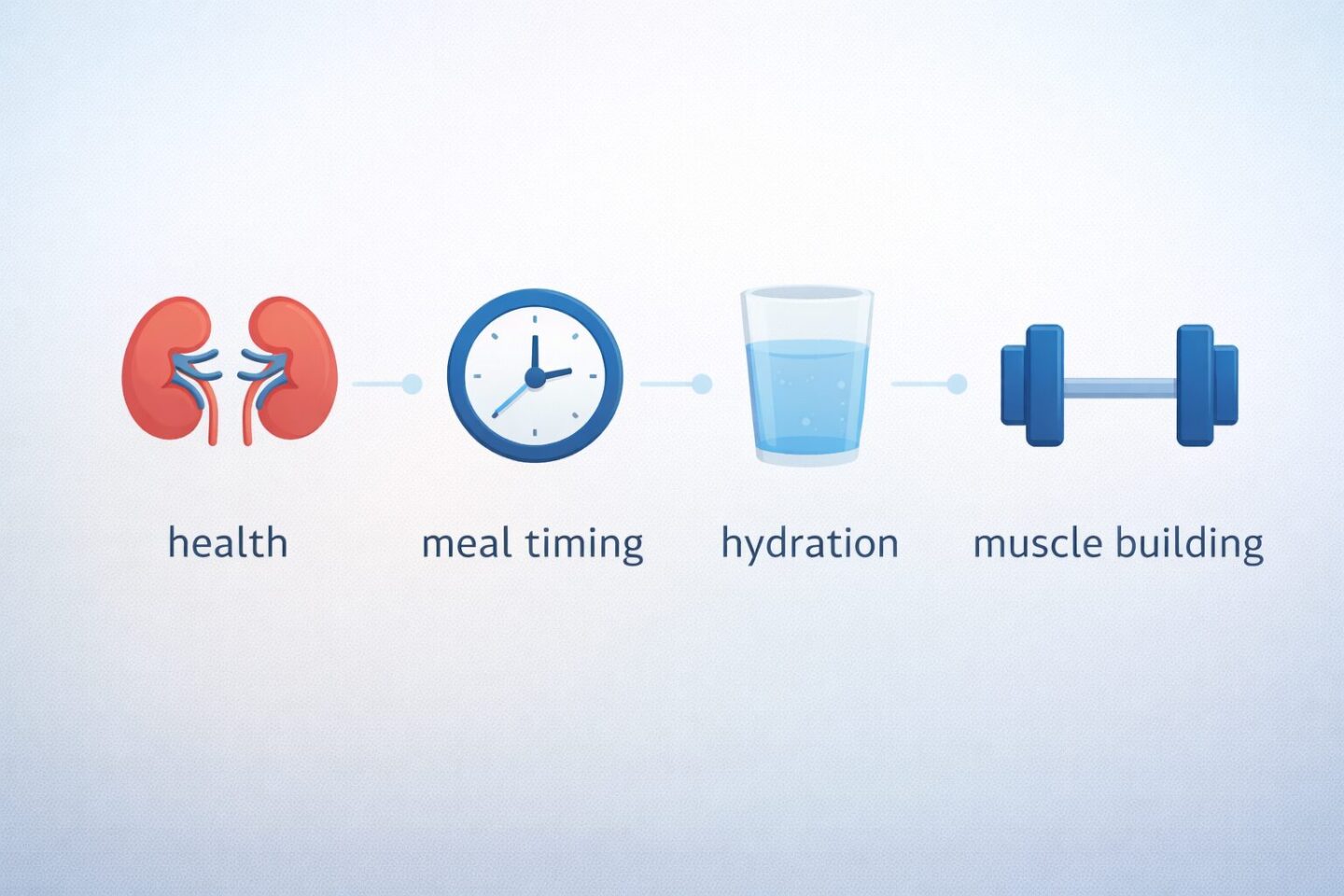 Infographic showing key considerations for eating 200 grams of protein a day including kidney health, meal timing, hydration, and muscle building