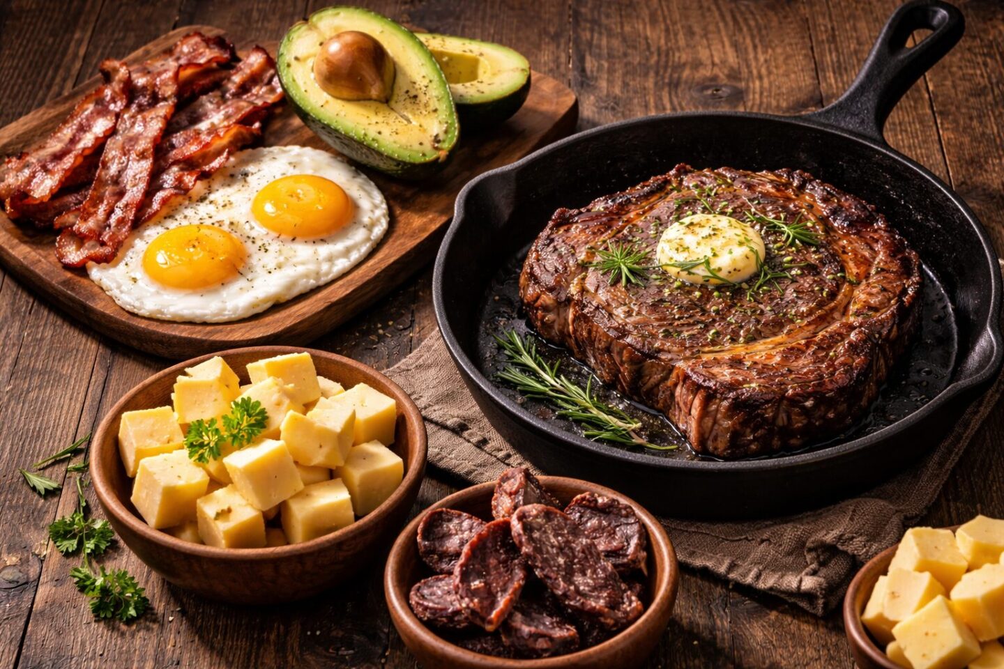 Keto high-protein meal featuring ribeye steak, eggs, bacon, cheese, and avocado to support 200 grams of protein on a low-carb diet