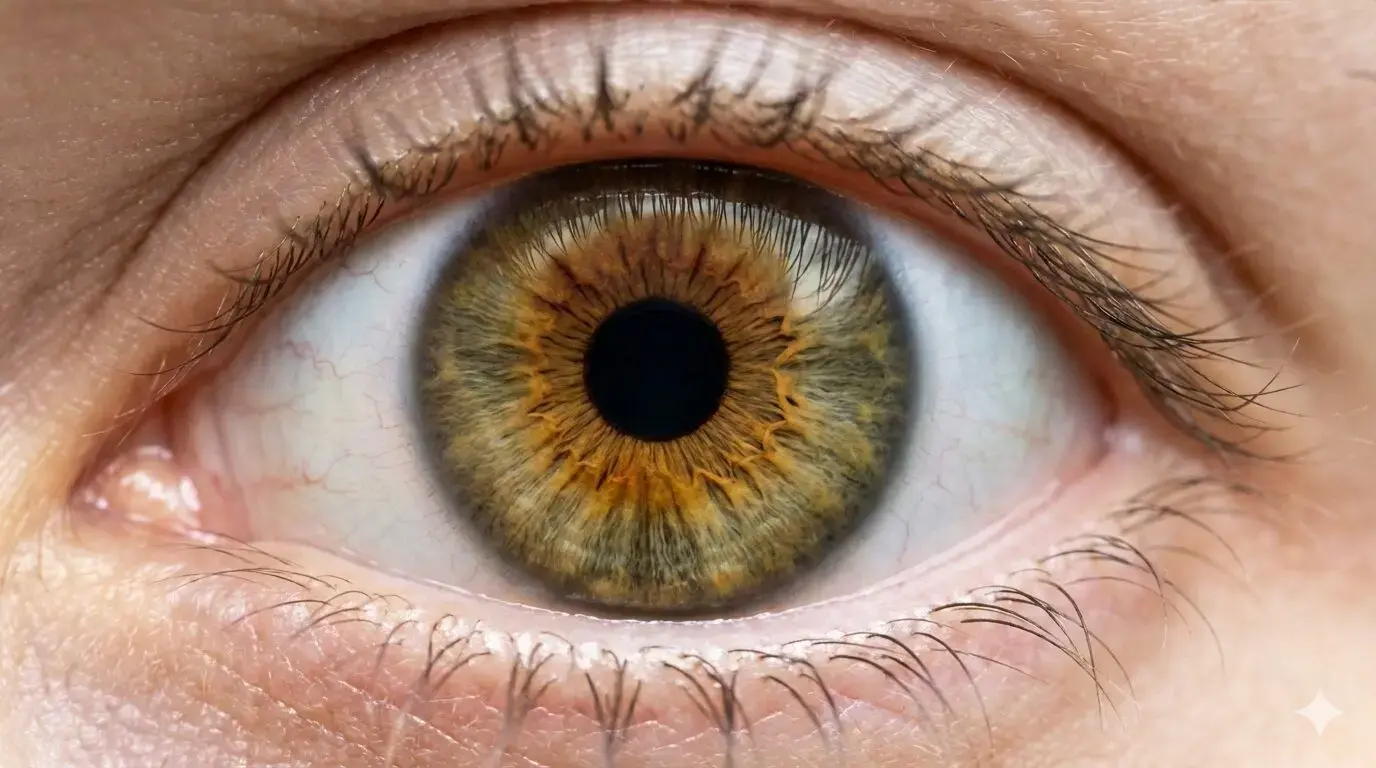 Macro photo of a sunburst hazel eye showing a dark pupil ring radiating into vivid gold and green tones
