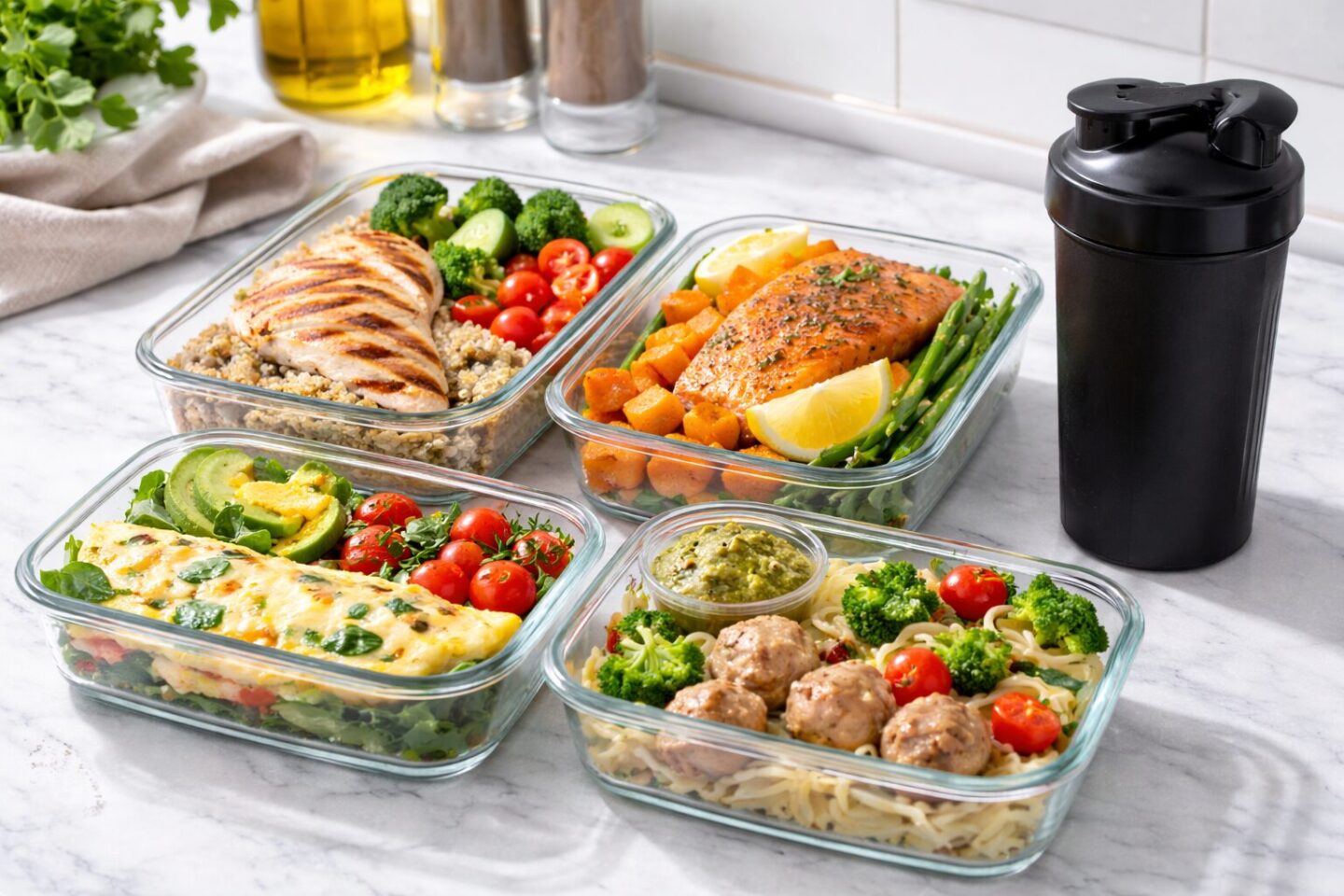 Meal prep containers with grilled chicken, salmon, eggs, and quinoa showing an omnivore 200 grams of protein meal plan