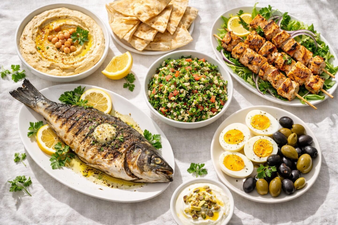 Mediterranean high-protein meal spread with grilled fish, chicken souvlaki, hummus, and Greek yogurt for a heart-healthy 200 grams of protein plan