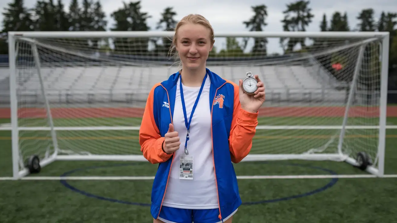 A girl dressed as an Olympic coach holds a stopwatch