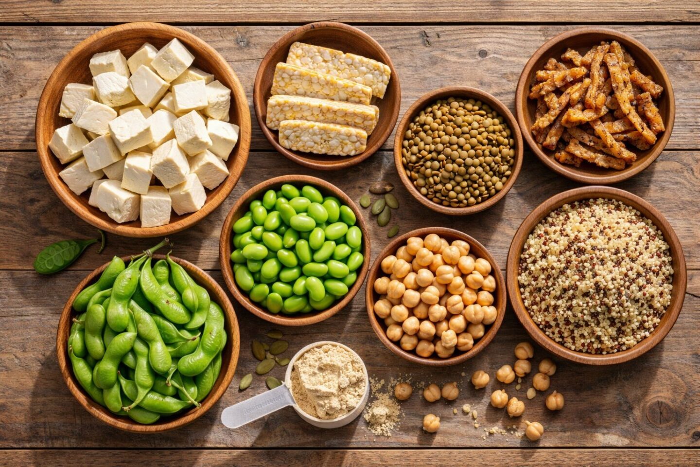 Plant-based protein sources including tofu, tempeh, lentils, edamame, and chickpeas for a vegan 200 grams of protein diet