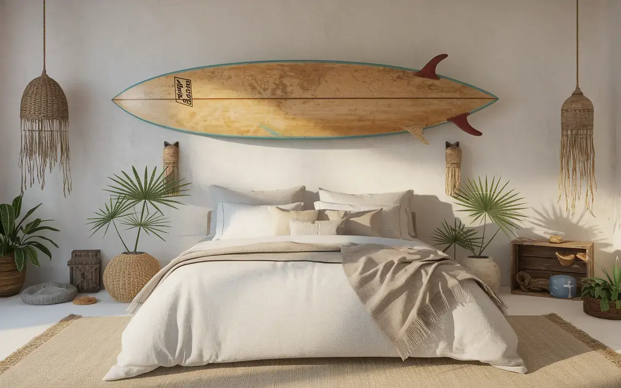 Authentic or vintage surfboard mounted on a coastal wall, adding sporty sophistication and laid-back beach culture to the room&rsquo;s decor