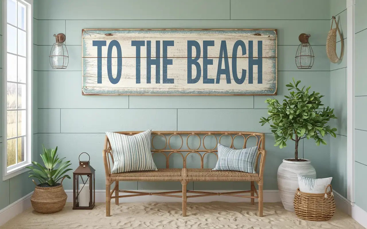 Vintage-style beach signs with weathered wood and faded paint, adding nostalgic coastal charm to a relaxed home setting. 