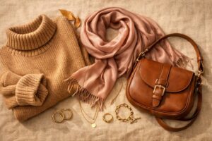 a camel knit sweater, dusty rose silk scarf, warm brown leather bag, and gold jewelry arranged on a warm beige linen background