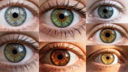 a collage of 7 types of hazel eyes
