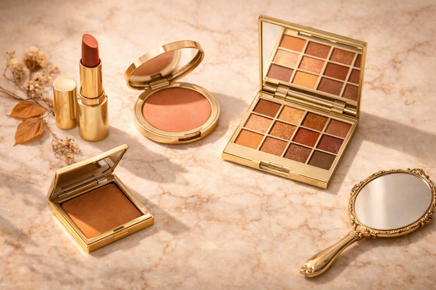 soft autumn shades lipstick, peach blush compact, amber eyeshadow palette, and golden bronzer on a warm cream marble surface