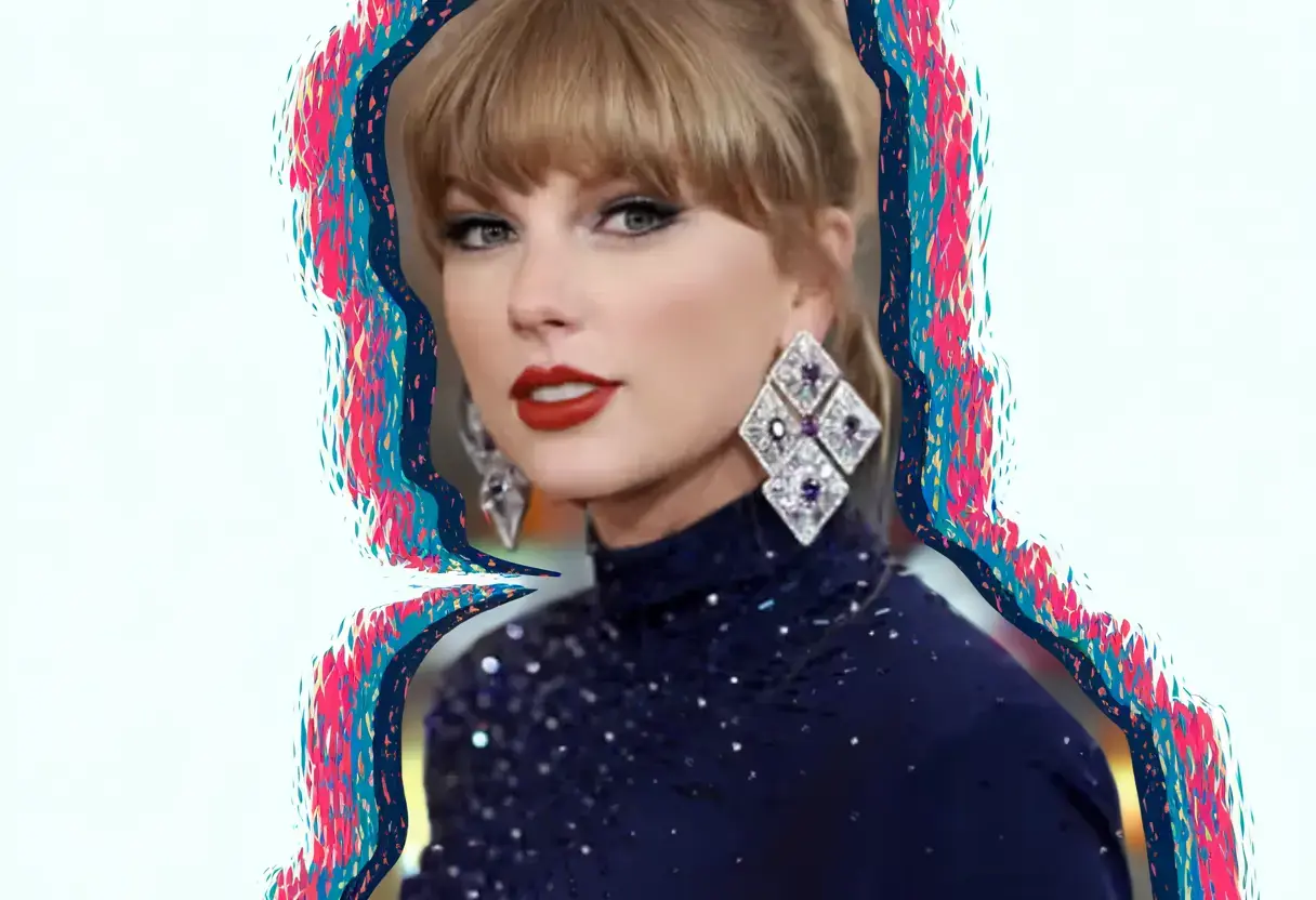 Taylor Swift wearing a bold red lipstick and a blue dress, styled with classic glamour and soft waves in her hair