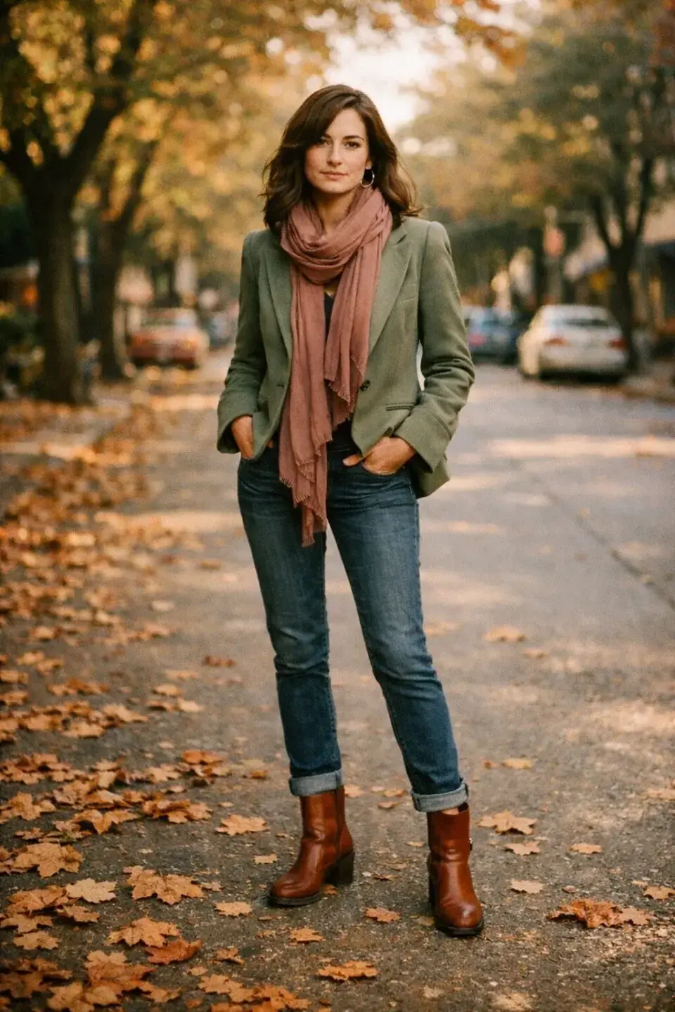 woman wearing sage green jacket with a dusty rose scarf and warm brown boots