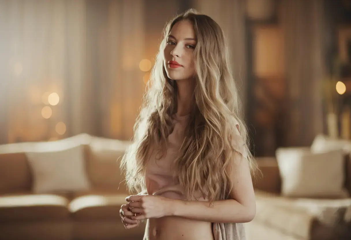 Woman with natural wavy hair styled effortlessly, wearing a relaxed outfit inspired by Taylor Swift&rsquo;s '22' music video