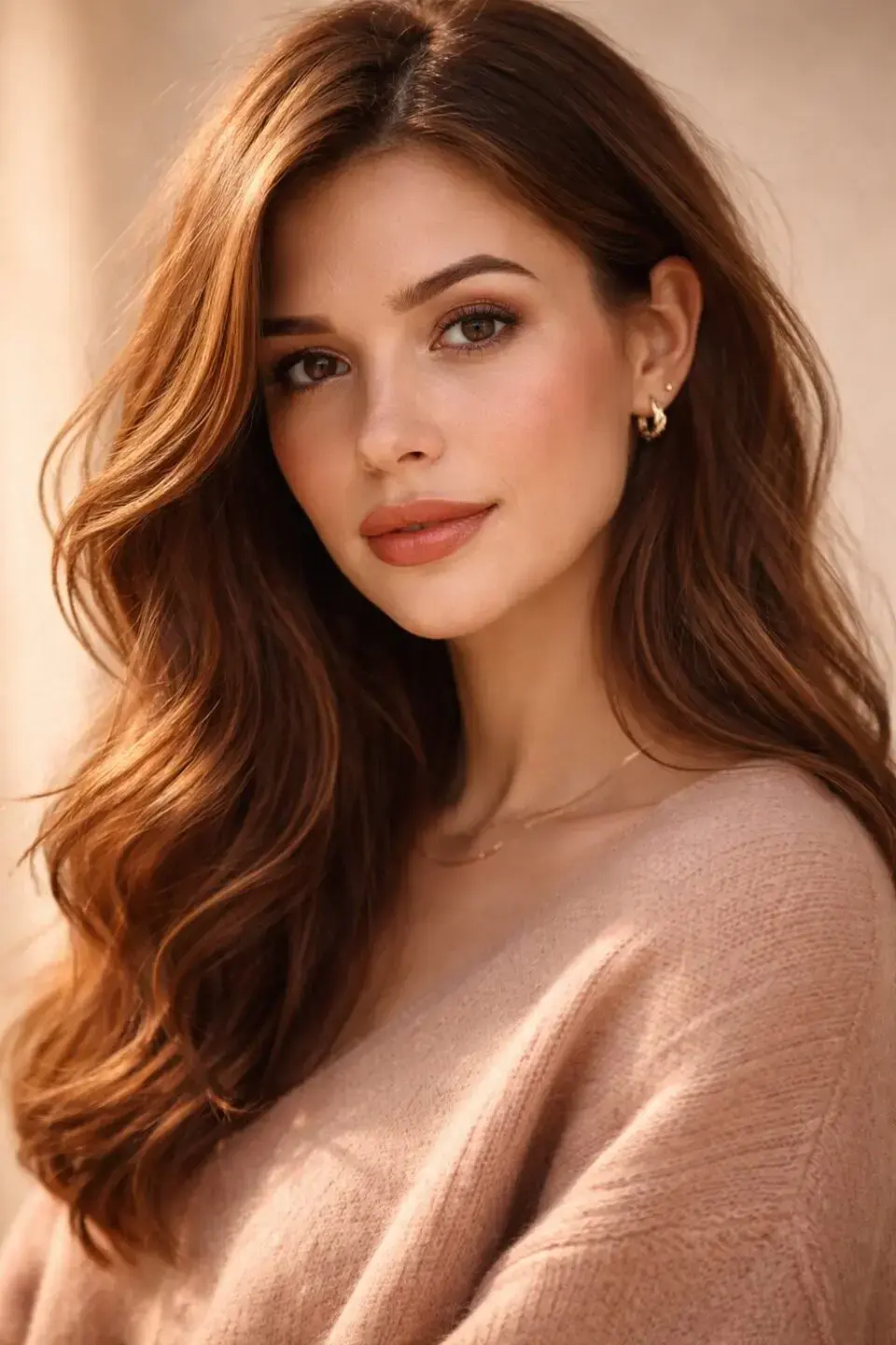 woman with warm chestnut auburn hair with soft golden caramel highlights