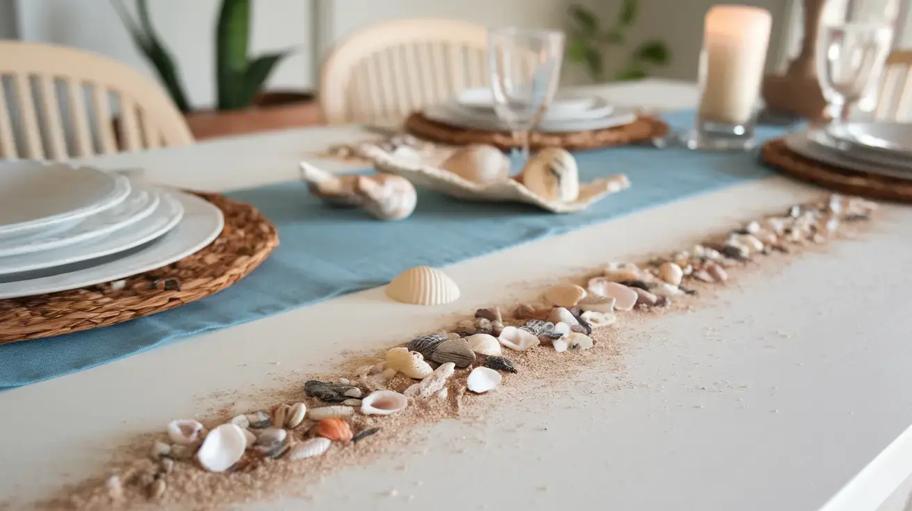 Beach-themed table with confetti made of seashells, sand, and driftwood