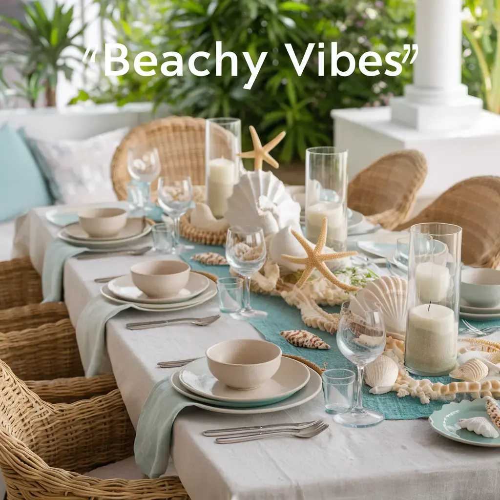 A table set with beach-themed decor featuring elegant seashell centerpieces, evoking a coastal atmosphere