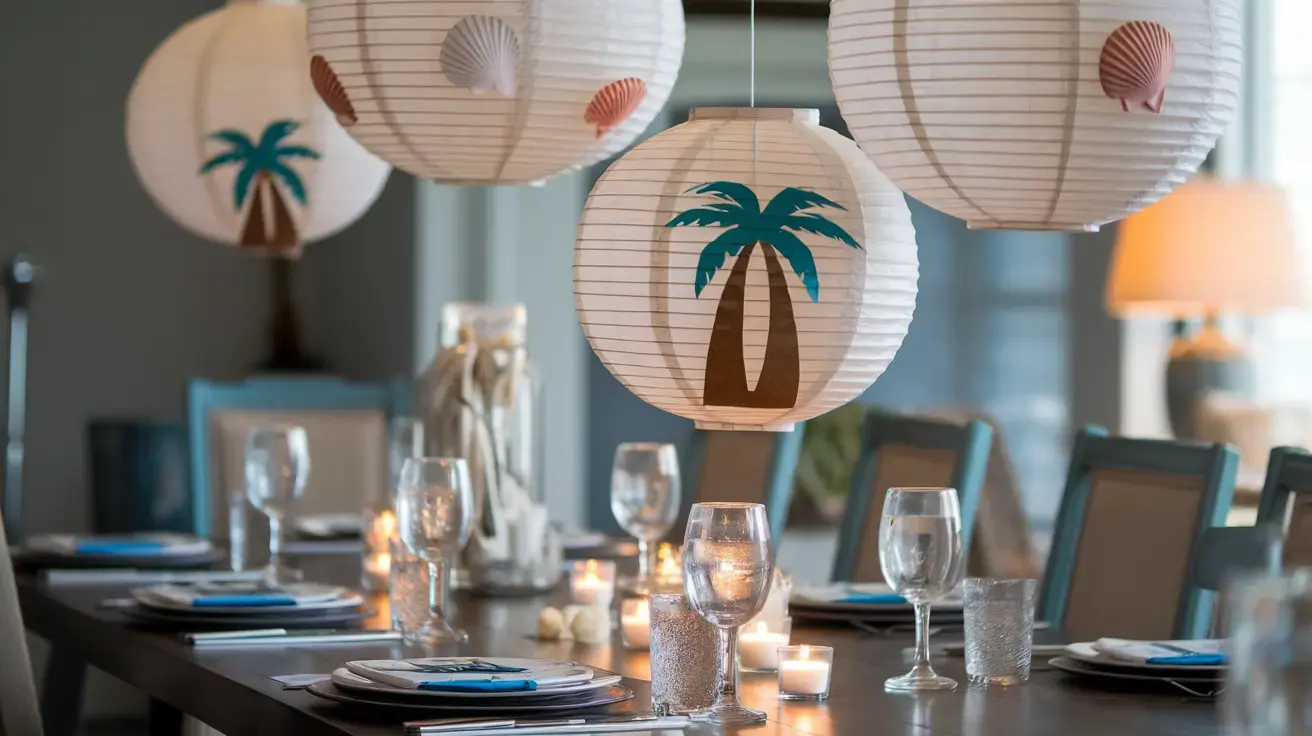 DIY beach-themed table featuring colorful paper lanterns
