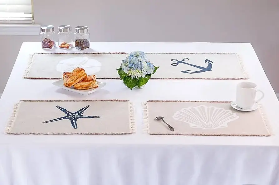 beach-themed table set with seashell placemats