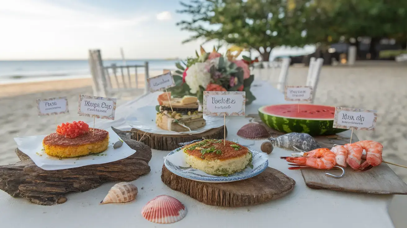 Beach-themed table with food labels on sticks, each displaying the name of the dish on attached paper