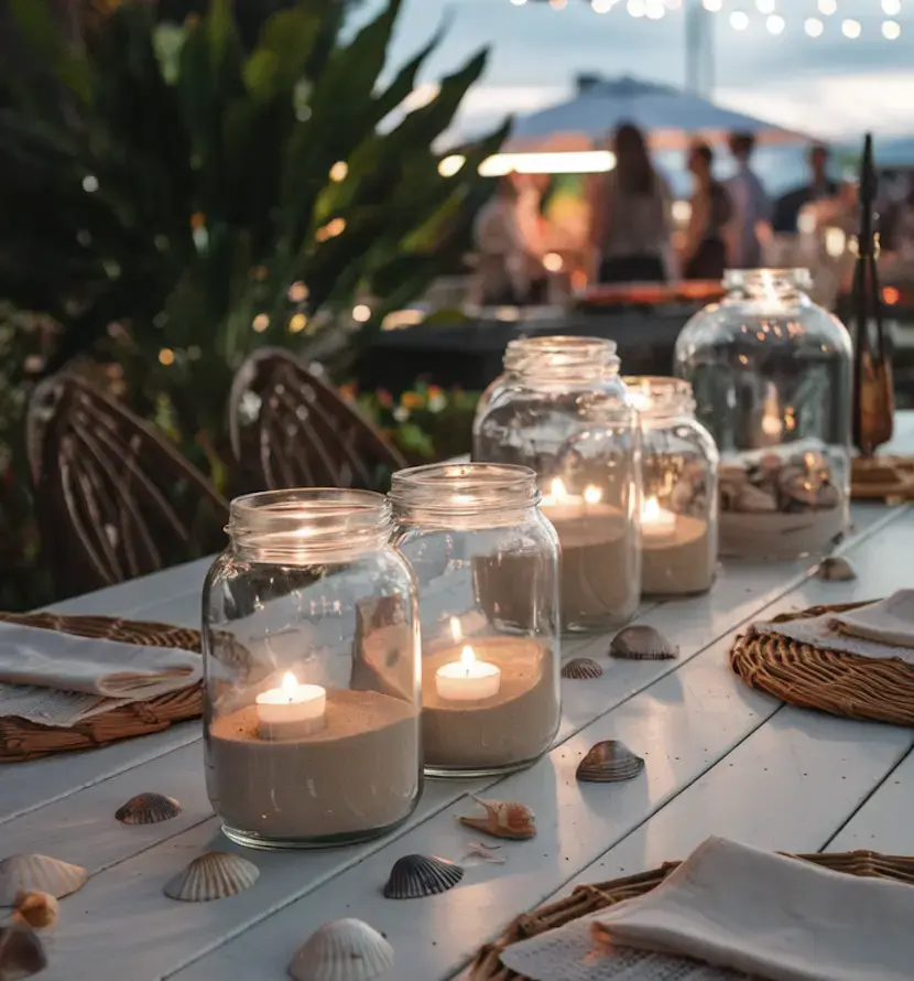  Table decor with glass jars containing sand, creating a beach-inspired aesthetic for a coastal-themed setting
